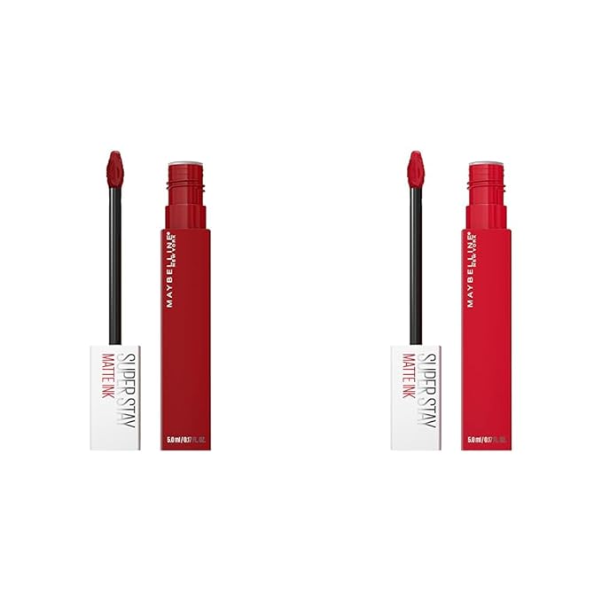 MAYBELLINE Super Stay Matte Ink Liquid Lipstick Bundle - Shot Caller Bright Pinky Red & Exhilarator Ruby Red