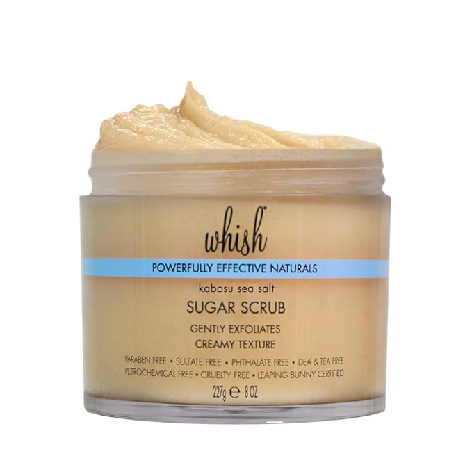 Whish Beauty Kabosu Sea Salt Exfoliating Sugar Scrub - Body Scrub for Women - Brown Sugar Exfoliator with Raspberry, Aloe, & Shea Butter - Gentle on All Skin Types - Paraben & Sulfate Free - 8 oz