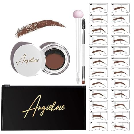 Eyebrow Stamp Stencil Kit, 24 Reusable Thick & Thin Eyebrow Stencils, Waterproof Brow Pomade, Dual-Ended Brush & Sponge Applicator for Perfect Natural Brows (Light Brown)
