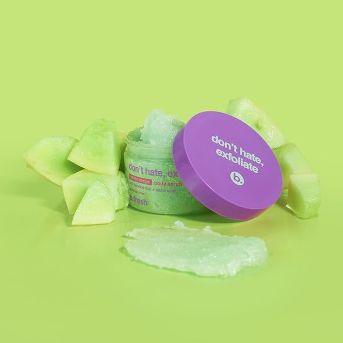 b.fresh Exfoliating Body Scrub | Don't Hate, Exfoliate Soothing Body Polish For Women & Men - Sugar Scrub Enhanced With Hydrating Lactic Acid + Licorice Root, Magic Melon Scent