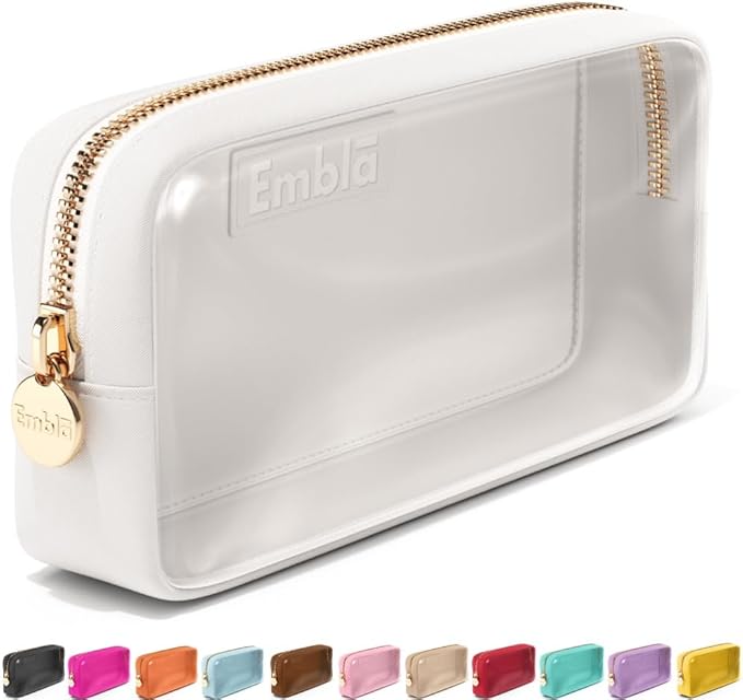 Embla Clear Cosmetic Bag Makeup Case, Clear Zipper Make Up Pouch and Toiletry Travel Tote, Cute Skincare Pouches for Women Girls, Preppy Purse Cosmetic Organizer, Small Makeup Bags, White