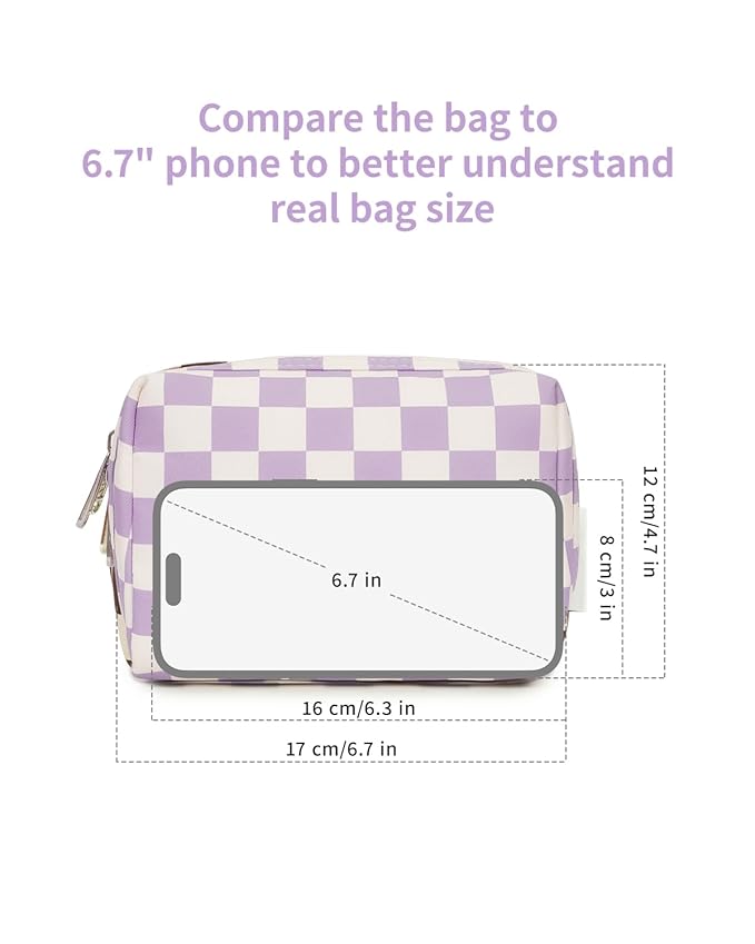 Narwey Small Checkered Makeup Bag for Purse Mini Cosmetic Bag Travel Makeup Pouch Zipper Pouch Cute Make up Bags with Compartments for Women Girls (Purple Checkerboard, Small)