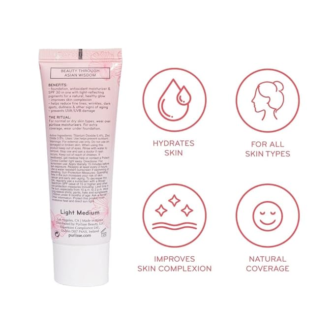 pūrlisse Radiant Glow Illuminating BB Cream with SPF 30 - Glow BB Cream Enriched with Goji & Hawthorn Berry for Dewy Skin - Helps to Improve Skin Texture & Radiance - Tan (1.4 oz)