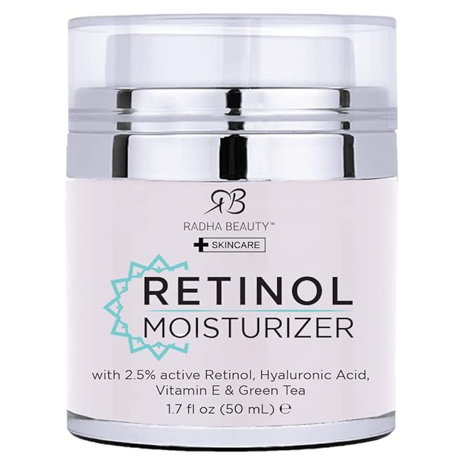 Radha Beauty Moisturizing Miracle Retinol Cream for Face - with 2.5% Retinol, Hyaluronic Acid, Vitamin E and Green Tea. Luxury Night and Day Cream 1.7 fl oz.