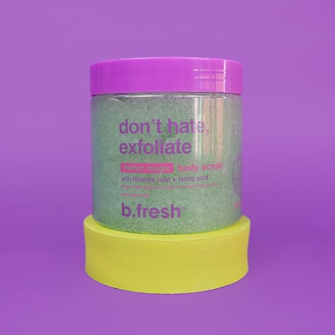 b.fresh Exfoliating Body Scrub | Don't Hate, Exfoliate Soothing Body Polish For Women & Men - Sugar Scrub Enhanced With Hydrating Lactic Acid + Licorice Root, Magic Melon Scent
