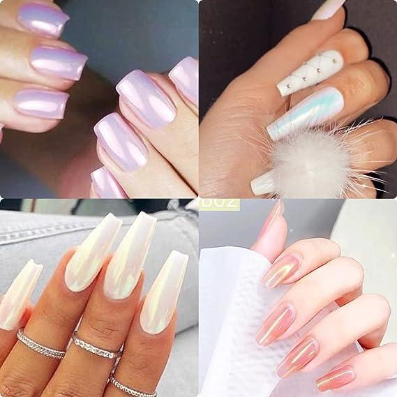 6 Pcs White Chrome Powder, Pearl Effect Nail Powder Shell Nail Glitter Dust Nail Powder with Magic Mirror Effect for Nail Art Design Decoration