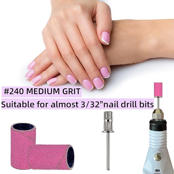 100Pcs(240 Grit Pink) Sanding Bands Nail Drill Bit with 0.31in Diameter,Nail Drill Bits Extreme Fine Grit Sanding Band,Sanding Belt Upgrade Mandrel Bits,Professional Nail Drill Bit for Acrylic Nails