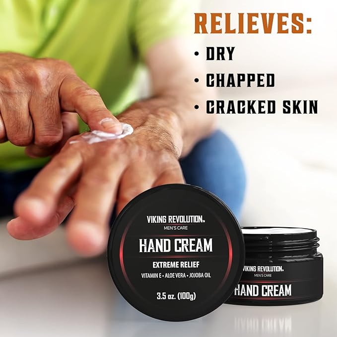 Viking Revolution Men's Hand Cream - Repair Cream for Dry, Cracked Hands - Aloe Vera Treatment with Vitamin E (3.5oz)
