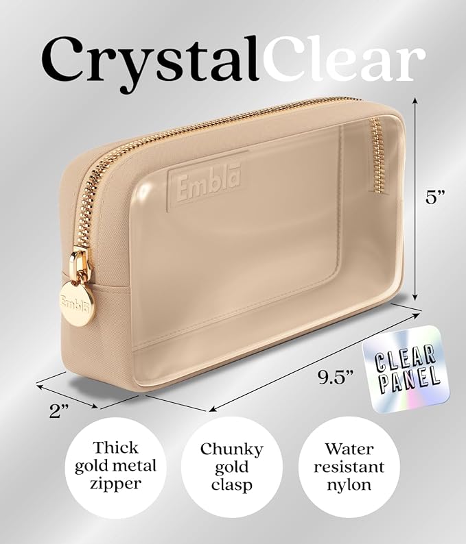 Embla Clear Cosmetic Bag Makeup Case, Clear Zipper Make Up Pouch and Toiletry Travel Tote, Cute Skincare Pouches for Women Girls, Preppy Purse Cosmetic Organizer, Small Makeup Bags, Sand