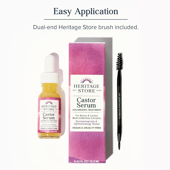 HERITAGE STORE Castor Oil Serum Volumizing Treatment for Fuller, Longer Looking Eyelashes, Bold Brows - Ophthalmology Tested Lash Serum w/Organic Castor Oil, Black Castor Oil, Biotin, Vegan, 0.42oz