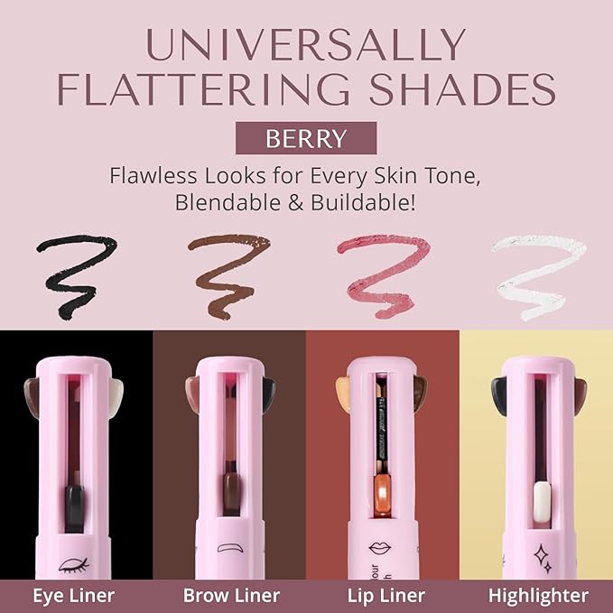 YazzBeauty - 4 in 1 Makeup Touch Up Pen with Berry Lip Liner, Black Eyeliner, Medium Brown Eyebrow Pencil, and White Shimmer Highlighter, Compact Beauty Pen, Smudge Proof, Vegan, Cruelty-Free