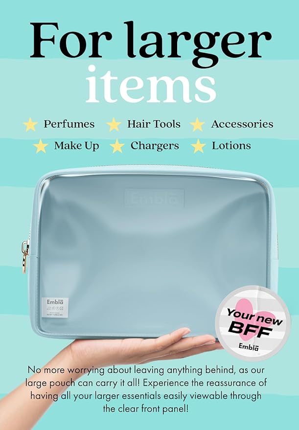 Embla Clear Cosmetic Bag Makeup Case, Clear Zipper Make Up Pouch and Toiletry Travel Tote, Cute Skincare Pouches for Women Girls, Preppy Purse Cosmetic Organizer, Large Makeup Bags, Sky Blue