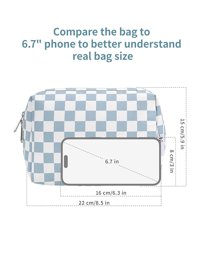 Narwey Checkered Makeup Bag Travel Cosmetic Bag Organizer Toiletry Bag Make Up Bags with Compartments for Women Girls((Large, Sky Blue Checkerboard)