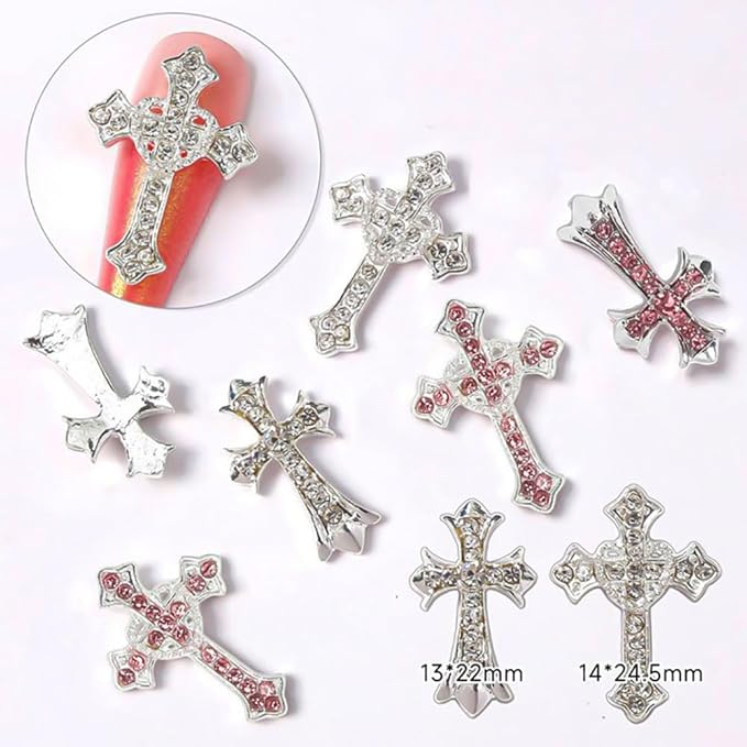 10Pcs Metal Crystal Cross Nail Charms, Pink Rhinestones Nail Decorations for DIY Designs, Large, Zestico-LJJ-A1206
