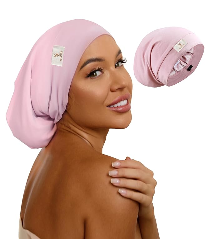 100% Mulberry Silk Bonnet for Sleeping for Curly Hair and Braids, Wrap with Adjustable Strap for Women and Men, Silk, Not Satin(1Pc,Pink