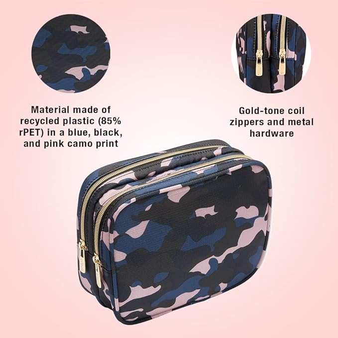 Conair Makeup Bag, Large Double Zip Toiletry and Cosmetic Bag, Perfect Size for Use At Home or Travel, Double Zip Organizer Shape in Blue, Pink and Black Camouflage