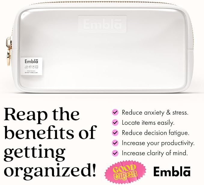 Embla Clear Cosmetic Bag Makeup Case, Clear Zipper Make Up Pouch and Toiletry Travel Tote, Cute Skincare Pouches for Women Girls, Preppy Purse Cosmetic Organizer, Small Makeup Bags, White