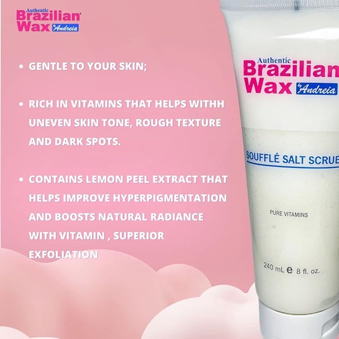 Authentic Brazilian Wax by Andreia Souffle Salt Scrub - Body Exfoliating Scrub w/Lemon Peel & Essential Oils - Salt Scrub Rich in Vitamins, Mineral & Organic Extract for Soft Skin - 8 fl. Oz.