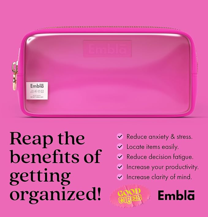 Embla Clear Cosmetic Bag Makeup Case, Clear Zipper Make Up Pouch and Toiletry Travel Tote, Cute Skincare Pouches for Women Girls, Preppy Purse Cosmetic Organizer, Small Makeup Bags, Fuchsia