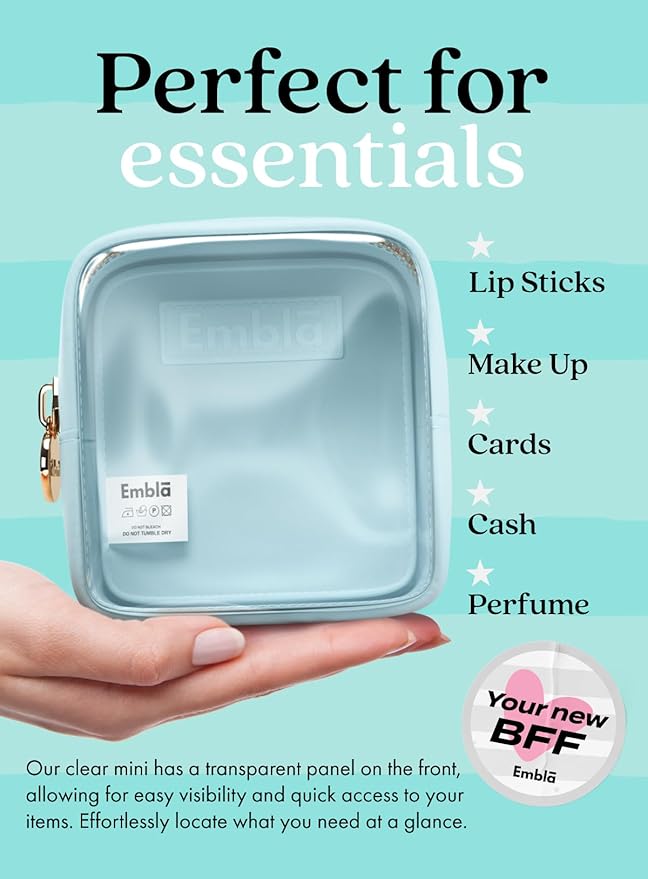 Embla Clear Cosmetic Bag Makeup Case, Clear Zipper Make Up Pouch and Toiletry Travel Tote, Cute Skincare Pouches for Women Girls, Preppy Purse Cosmetic Organizer, Mini Makeup Bags, Sky Blue
