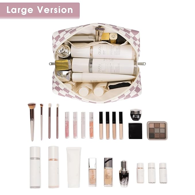 Narwey Checkered Makeup Bag Pink Travel Cosmetic Bag Organizer Toiletry Bag Make Up Bags with Compartments for Women Girls (Large, Dusty Rose Checkerboard)