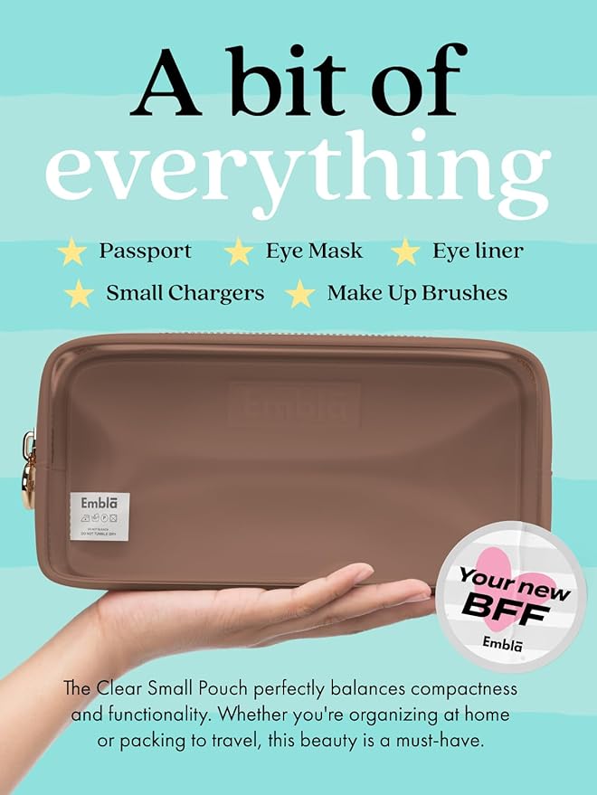 Embla Clear Cosmetic Bag Makeup Case, Clear Zipper Make Up Pouch and Toiletry Travel Tote, Cute Skincare Pouches for Women Girls, Preppy Purse Cosmetic Organizer, Small Makeup Bags, Mocha Mousse