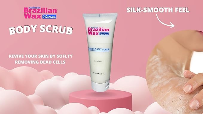 Authentic Brazilian Wax by Andreia Souffle Salt Scrub - Body Exfoliating Scrub w/Lemon Peel & Essential Oils - Salt Scrub Rich in Vitamins, Mineral & Organic Extract for Soft Skin - 8 fl. Oz.