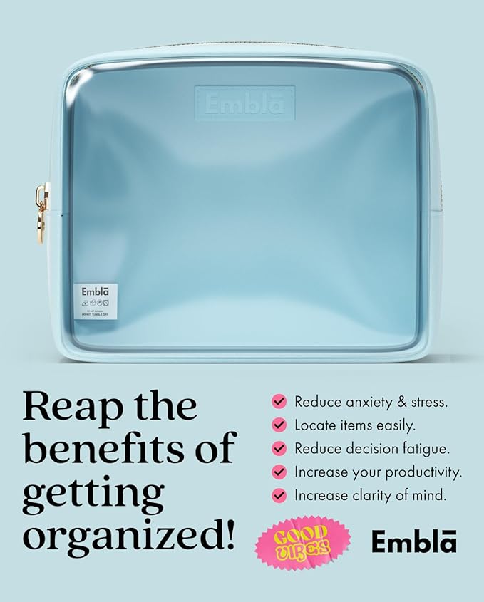 Embla Clear Cosmetic Bag Makeup Case, Clear Zipper Make Up Pouch and Toiletry Travel Tote, Cute Skincare Pouches for Women Girls, Preppy Purse Cosmetic Organizer, Large Makeup Bags, Sky Blue