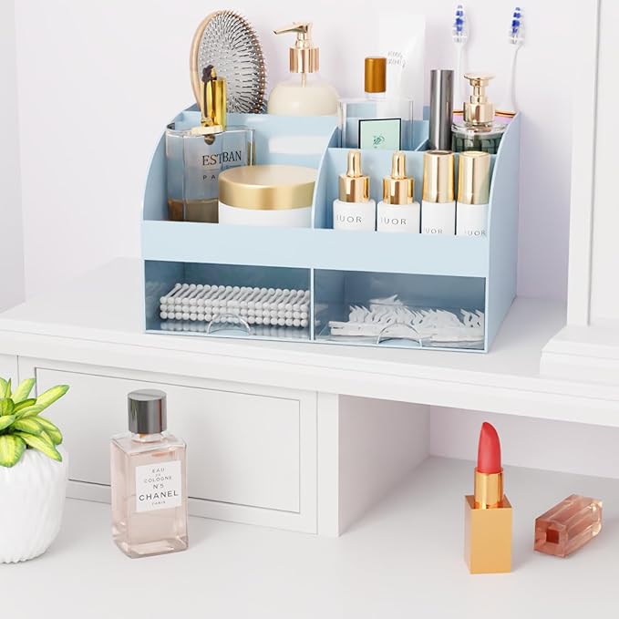 Makeup Organizer with Drawers, Cosmetic Storage for Dresser Vanity and Bathroom Countertop, Beauty Holder for Lipstick Brush, Skincare Organizer for Vanity, Cosmetic Display Case (Blue)