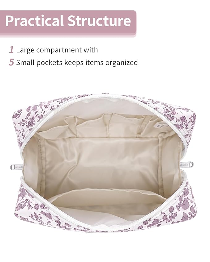 Narwey Cute Floral Makeup Bag Travel Cosmetic Bag Organizer Toiletry Bag Make Up Bags with Organized Pocket for Women Girls (Large, Little Dusty Pink Flower)