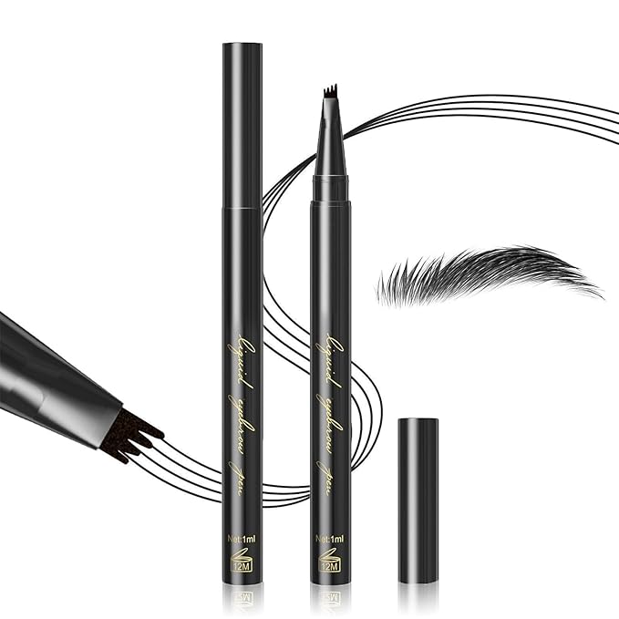Eyebrow Pencil Eyebrow Microblading Pen - Eye Makeup Brow Pen Liquid Pencil with 4 Micro-Fork Tip, Waterproof & Long-Lasting & Smudge-Proof Brow Pencil, Voluminous Hair Stays on All Day (Black)