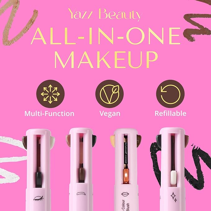 YazzBeauty - 4 in 1 Makeup Touch Up Pen with Nude Lip Liner, Black Eyeliner, Medium Brown Eyebrow Pencil, and Radiant White Matte Highlighter, Compact Beauty Pen, Smudge Proof, Vegan, Cruelty-Free