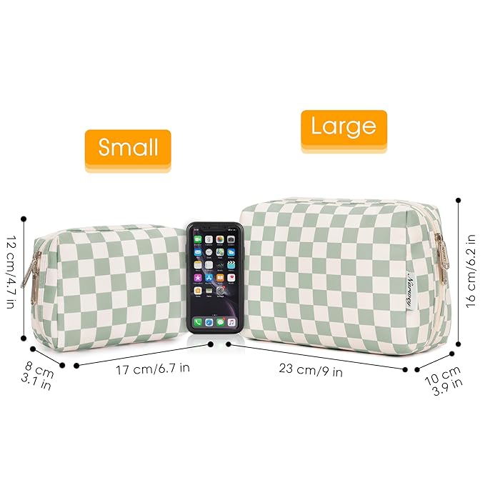 Narwey Small Checkered Makeup Bag for Purse Mini Cosmetic Bag Travel Makeup Pouch Zipper Pouch Cute Make up Bags with Compartments for Women Girls (Mint Green Checkerboard, Small)