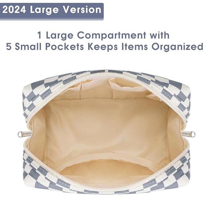 Narwey Checkered Makeup Bag Travel Cosmetic Bag Organizer Toiletry Bag Make Up Bags with Compartments for Women Girls (Large, Grayish Blue Checkerboard)