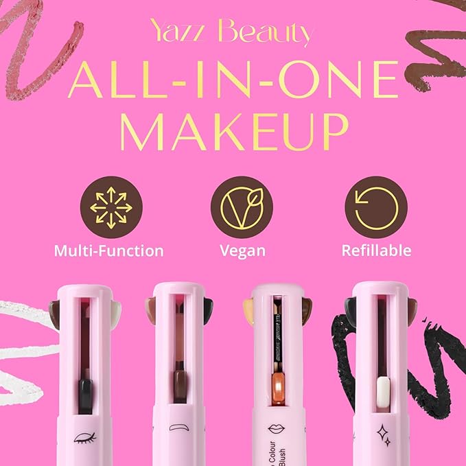 YazzBeauty - 4 in 1 Makeup Touch Up Pen with Berry Lip Liner, Black Eyeliner, Medium Brown Eyebrow Pencil, and White Shimmer Highlighter, Compact Beauty Pen, Smudge Proof, Vegan, Cruelty-Free
