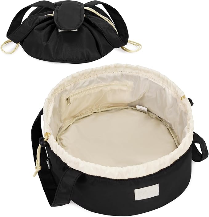 Narwey Barrel Drawstring Makeup Bag Large Cosmetic Bag Make up Bags Women and Girls Toiletry Organizer for Travel Toiletries Accessories Essentials (Black) (Patent)