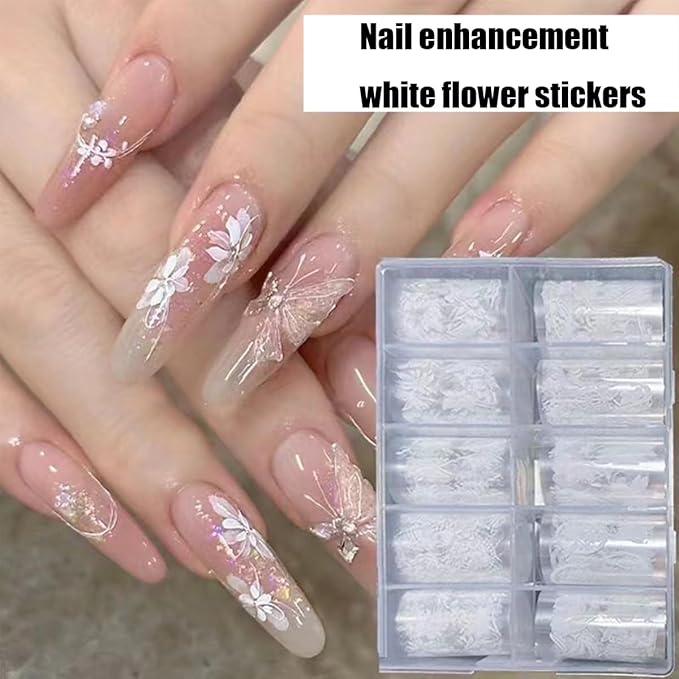 10Roll/Box White Flowers Nail Foil Transfer Stickers for Nail Art Design 3D Holographic Nail Art Foils Starry Paper Floral Butterfly Nail Stickers Lace Petals Rose Nail Decals Wraps Foils for Nail DIY