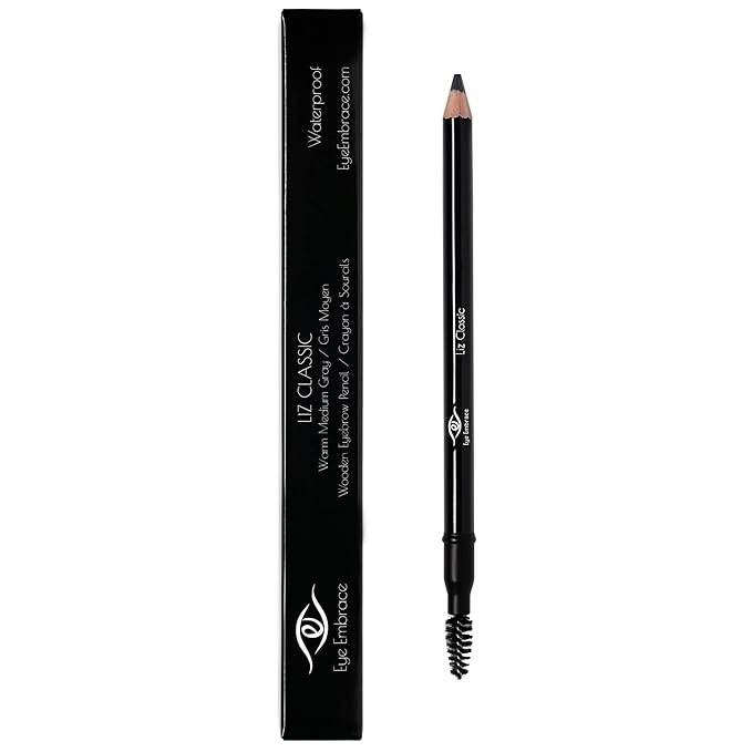 Eye Embrace Liz Classic: Warm Medium Gray Wooden Eyebrow Pencil – Waterproof, Double-Ended Pencil with Sharpener & Spoolie Brush, Cruelty-Free