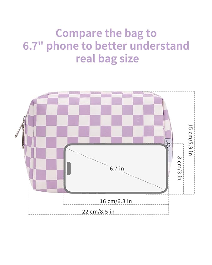Narwey Checkered Makeup Bag Travel Cosmetic Bag Organizer Toiletry Bag Make Up Bags with Compartments for Women Girls (Large, Purple Checkerboard)
