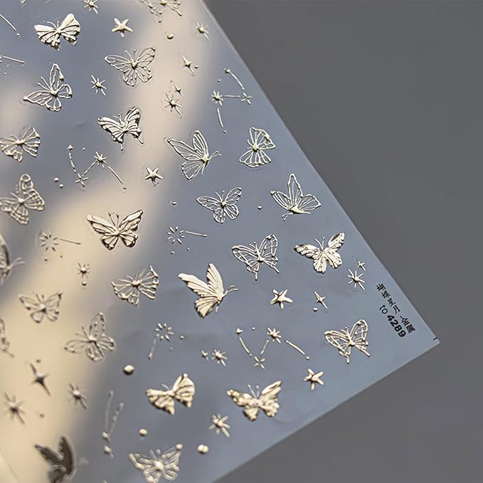 1 Sheets Gold Butterfly Nail Art Stickers 5D Self Adhesive Embossed Star Nail Stickers for Nail Art Gold Moon Stars Butterflies Nail Decals Nails Design Supplies for Women Girl DIY Manicure Decor