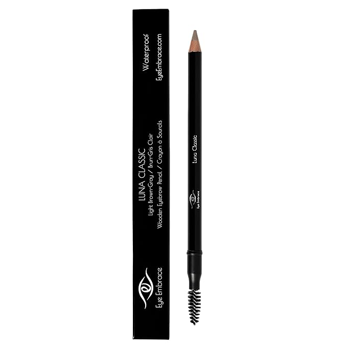 Eye Embrace Luna Classic: Light Brown-Gray Wooden Eyebrow Pencil – Waterproof, Double-Ended Pencil with Sharpener & Spoolie Brush, Cruelty-Free