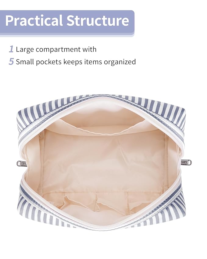 Narwey Striped Makeup Bag Travel Cosmetic Bag Organizer Toiletry Bag Make Up Bags with Compartments for Women Girls (Large, Greyish Blue Stripe)