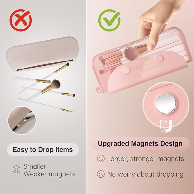 Silicone Makeup Brush Holder And Beauty Sponge Case, Travel Makeup Brush Case With Magnetic Closure, Makeup Sponge Holder 2 In 1 Stand Storage For Quick Drying Pink
