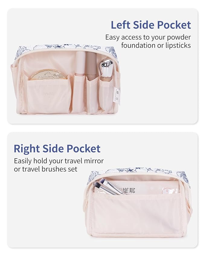 Narwey Small Cute Floral Makeup Bag for Purse Mini Cosmetic Bag Travel Makeup Pouch Zipper Pouch Cute Make up Bags with Compartments for Women Girls (Navy Blue Flower, Small)