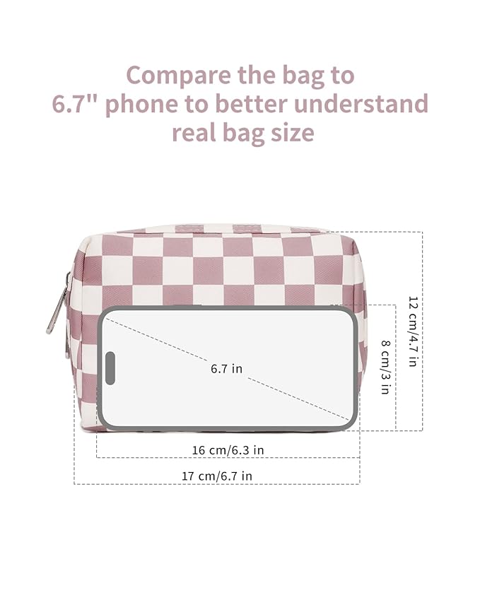 Narwey Small Checkered Makeup Bag for Purse Mini Pink Cosmetic Bag Travel Makeup Pouch Zipper Pouch Cute Make up Bags with Compartments for Women Girls (Dusty Rose Checkerboard, Small)