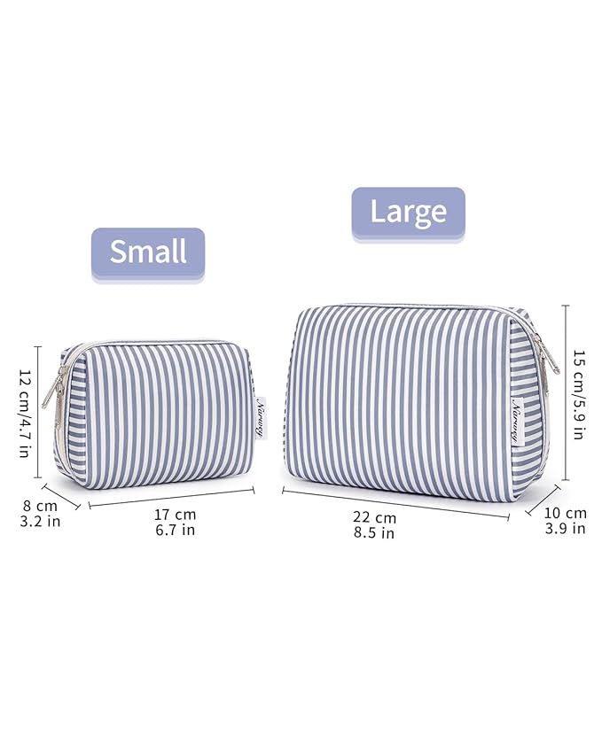 Narwey Small Striped Makeup Bag for Purse Mini Cosmetic Bag Travel Makeup Pouch Zipper Pouch Cute Make up Bags with Compartments for Women Girls (Greyish Blue Stripe, Small)