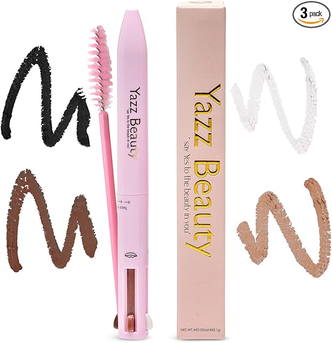 YazzBeauty - 4 in 1 Makeup Touch Up Pen with Nude Lip Liner, Black Eyeliner, Medium Brown Eyebrow Pencil, and Radiant White Matte Highlighter, Compact Beauty Pen, Smudge Proof, Vegan, Cruelty-Free