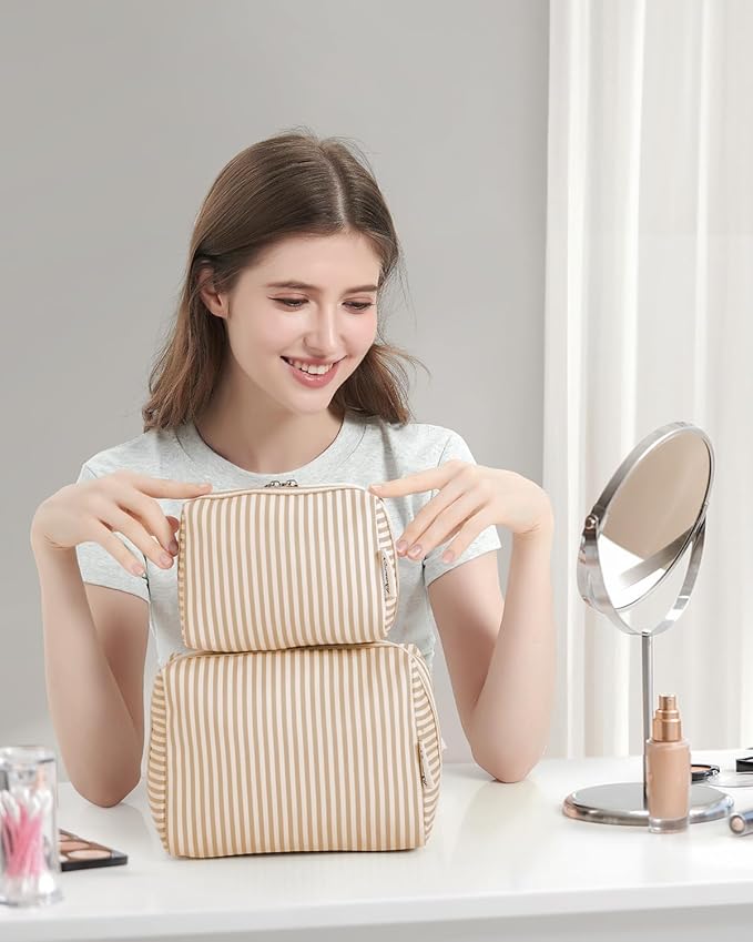 Narwey Small Striped Makeup Bag for Purse Mini Cosmetic Bag Travel Makeup Pouch Zipper Pouch Cute Make up Bags with Compartments for Women Girls (Brown Stripe, Small)
