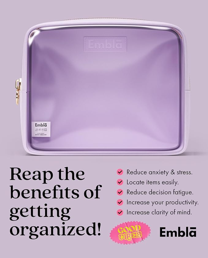 Embla Clear Cosmetic Bag Makeup Case, Clear Zipper Make Up Pouch and Toiletry Travel Tote, Cute Skincare Pouches for Women Girls, Preppy Purse Cosmetic Organizer, Large Makeup Bags, Lilac