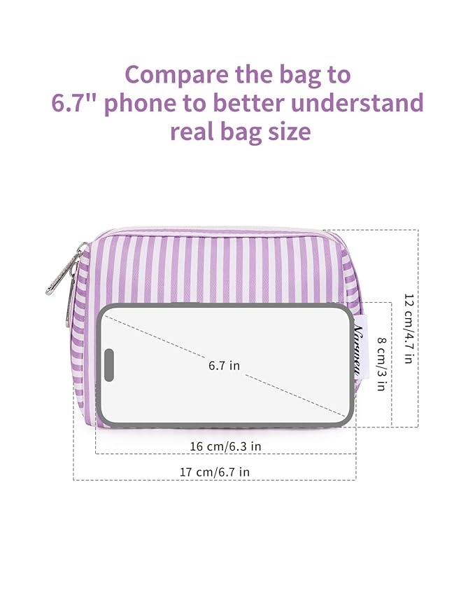 Narwey Small Striped Makeup Bag for Purse Mini Cosmetic Bag Travel Makeup Pouch Zipper Pouch Cute Make up Bags with Compartments for Women Girls (Purple Stripe, Small)